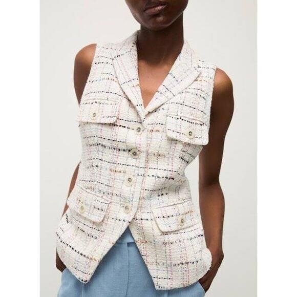 Veronica Beard Benny Tweed Button Vest in Off White 10 - Picture 1 of 4